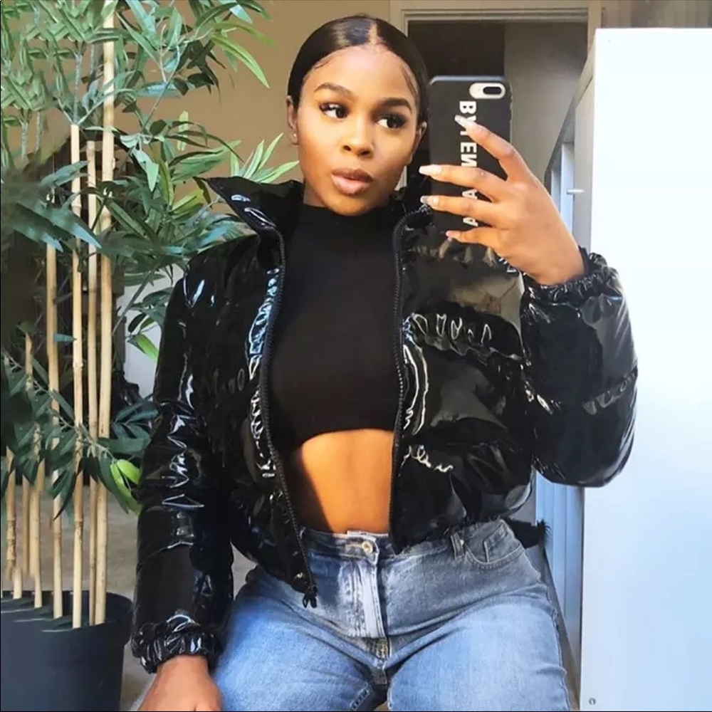 Black Patent PU leather cropped puffer jacket